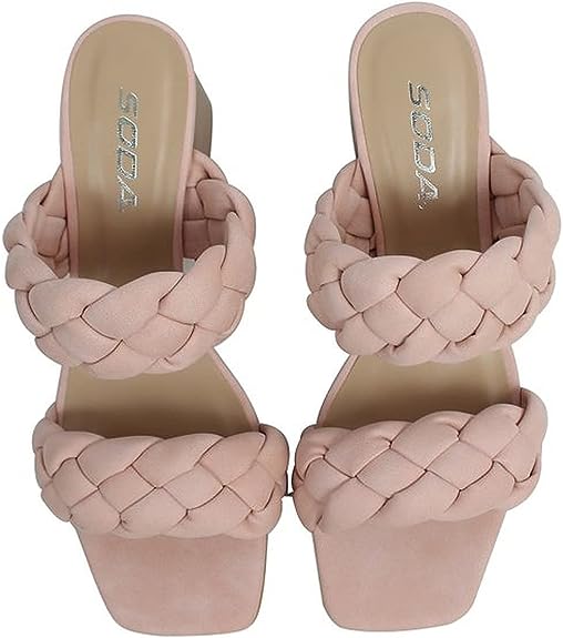 Soda BUGGY ~ Women Double Braided Straps Casual Open Square Toe Fashion Slide Block Heel Sandal