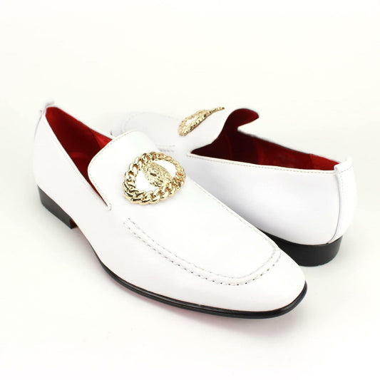 AFTER MIDNIGHT 6911 Men's Shoes - High Fashion Slip-on Dress Shoe � Luxurious Smoking Slipper with Metal Lion Ornament3 White, 9.5