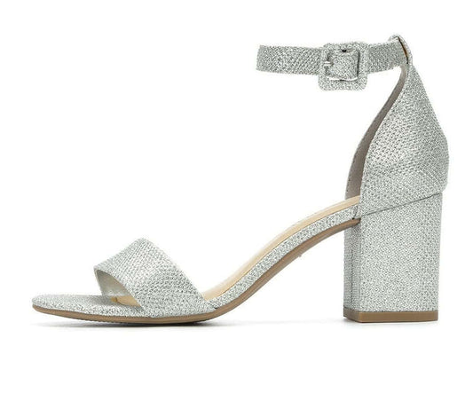 City Classified Womens Block Heel Open Toe Strap Ankle Buckle Heeled Sandal Silver Shimmer 8.5