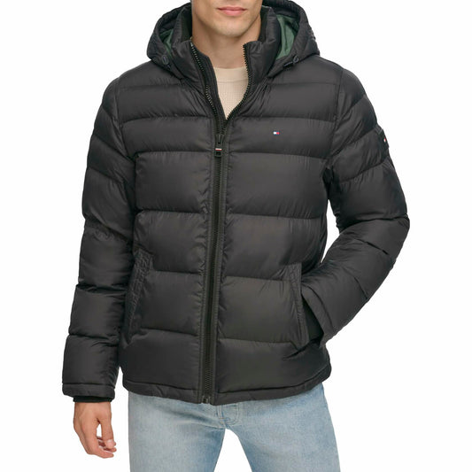 Tommy Hilfiger Mens Hooded Puffer Jacket Down Alternative Coat, Black, X-Small US