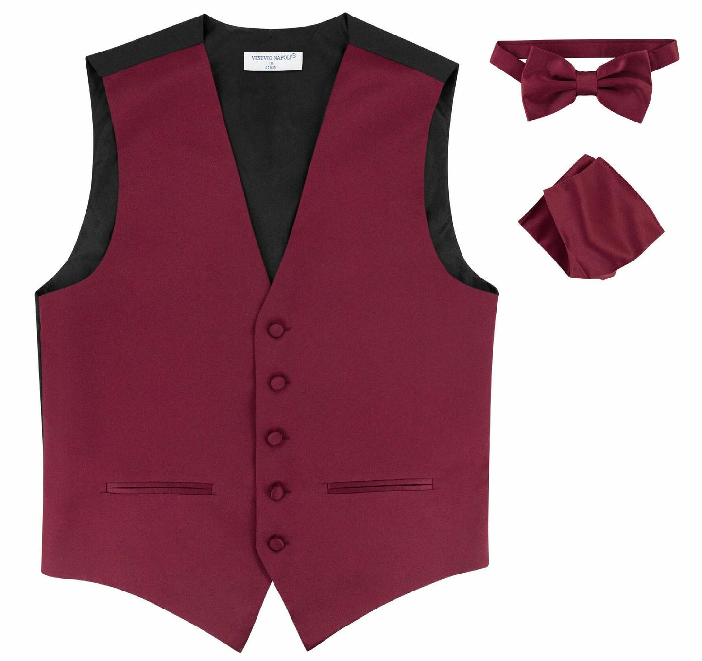 Mens SLIM FIT Dress Vest BowTie Solid Burgundy Color Bow Tie Hanky Set sz XS