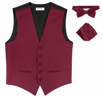 Mens SLIM FIT Dress Vest BowTie Solid Burgundy Color Bow Tie Hanky Set sz XS