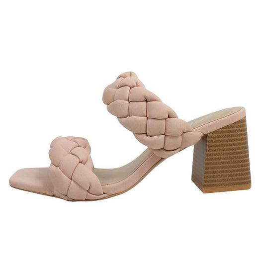 Soda BUGGY ~ Women Double Braided Straps Casual Open Square Toe Fashion Slide Block Heel Sandal Pink NB 5.5
