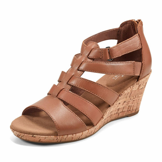 Rockport Women's Briah Gladiator Wedge Sandal, Dark tan Leather, 9.5 M US