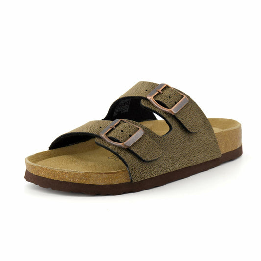 CUSHIONAIRE Lane Cork Footbed Sandals for Women – Comfortable Double Buckle Slip-On with Genuine Suede Footbed & Arch Support Slides for Women Footwear, BROWN 12W