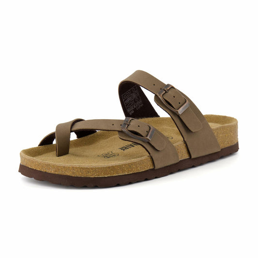 CUSHIONAIRE Luna Cork Footbed Women's Sandals - Comfortable Slip-On Slides with Adjustable Straps & Memory Foam for All-Day Wear | Beach Essential Summer Sandals for Women 2025, BROWN 5