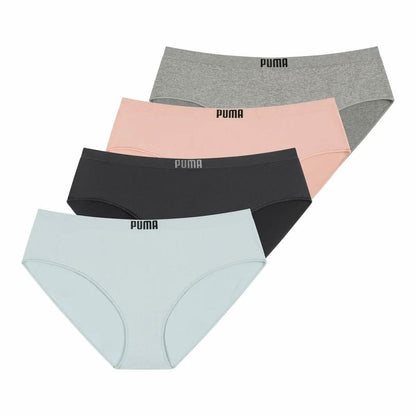 PUMA Women's Seamless Bikini Underwear, Microfiber, Tag-Free, 4-Pack (US, Alpha, Large, Regular, Regular, Pink/Blue/Black/Gray)