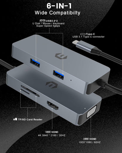 USB C Hub, SUTOUG 6 in 1 USB C Hub Adapter USB C with 4K HDMI Output, VGA, SD/TF Card Reader, 2 USB 3.0 for Dell Surface Pro 8/7 and Other Type C Devices