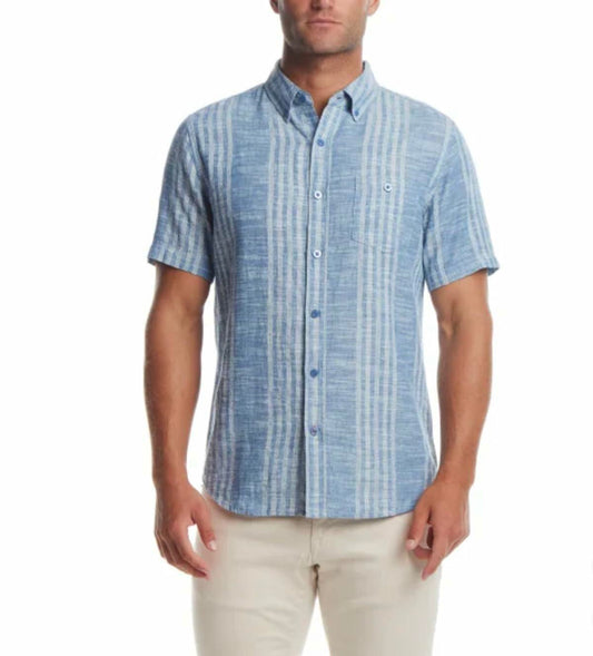 Weatherproof Vintage Men's Short Sleeve Linen Cotton Blend Woven Button Down Shirt (US, Alpha, Medium, Regular, Regular, Blue)