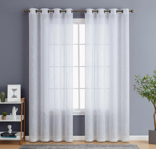 HLC.ME Abbey Faux Linen Textured Semi Sheer Privacy Sun Light Filtering Transparent Window Grommet Long Thick Curtains Drapery Panels for Bedroom & Living Room, 2 Panels (54 W x 108 L, White)