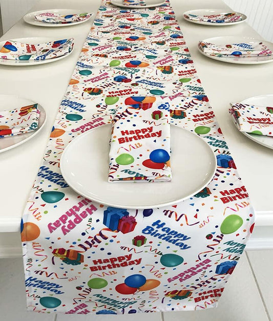 Celebration Tablecloths Happy Birthday Runner and Napkins Set (White, 14" x 108" with 10 Napkins)