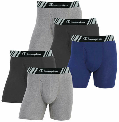 Champion Men's Boxer Briefs All Day Comfort No Ride Up Double Dry X-Temp 5 Pack (Black - Navy - Grey, Large)