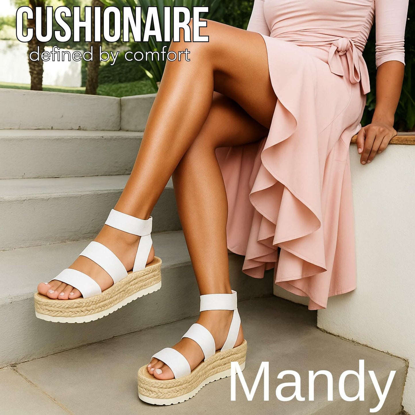 CUSHIONAIRE Mandy Wedge Sandals for Women 2025 – Strappy Platform Sandals with Arch Support, Cute Summer Espadrille-Style Platform Dressy Slip-On, WHITE 10