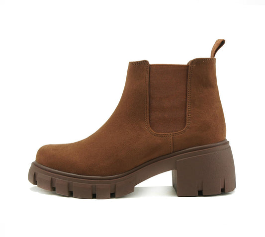 Soda PIONEER ~ Women Lug Sole Mid Heel Chelsea Fashion Ankle Bootie w/Double Elastic Gore (8.5, D-CHESTNUT IMIT SUEDE, numeric_8_point_5)
