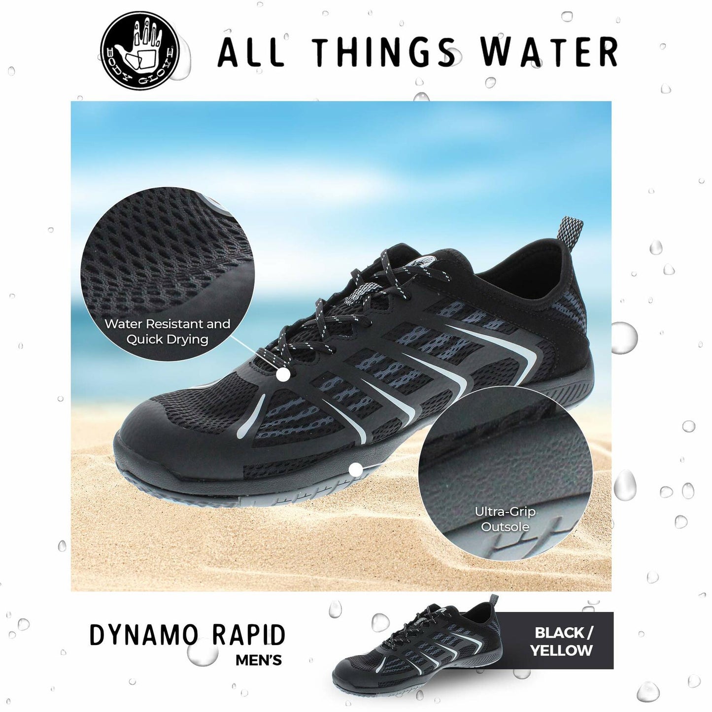 Body Glove Men's Dynamo Rapid 2.0 - Multipurpose Water Shoes for Hiking, Beach, Outdoor and Swimming - Hydro Sport Water Shoes in Black/Charcoal