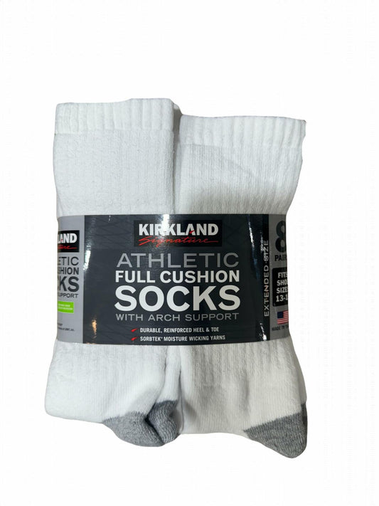 KIRKLAND Signature Men's Athletic Full Cushion Sock With Arch Support, 8 Count (US, Alpha, Large, Regular, Regular, White)