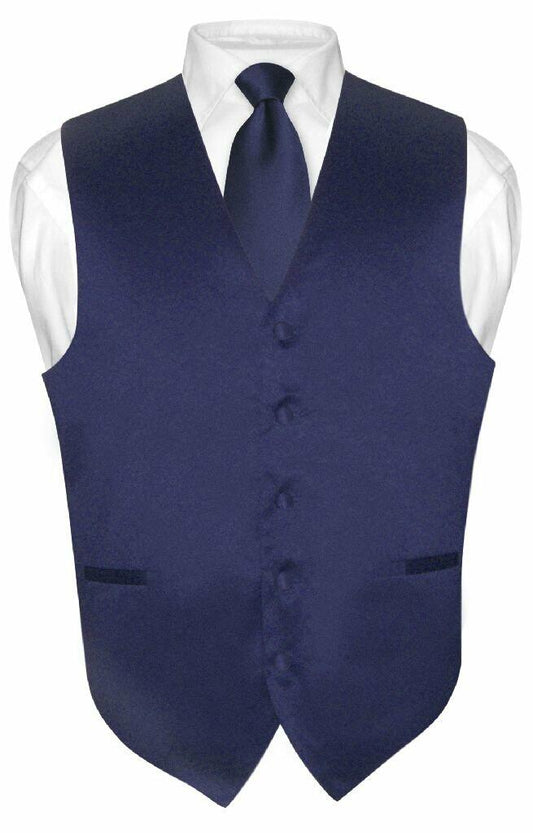 Men's Dress Vest & NeckTie Solid NAVY BLUE Color Neck Tie Set sz Med