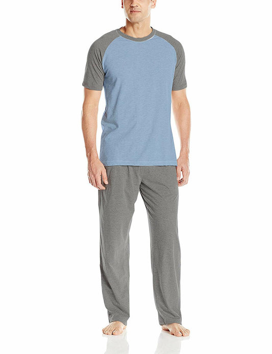 Hanes Men's Adult X-Temp Short Sleeve Cotton Raglan Shirt and Pants Pajamas Pjs Sleepwear Lounge Set - Chambray Blue Heather (Small)