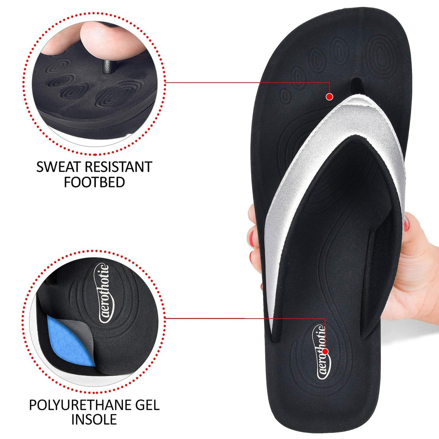 AEROTHOTIC Slip On Recovery Footwear Plantar Fasciitis Flip Flops for Women Yoga Mat Outdoor Walking Beach Ladies Arch Support Summer Thong Dressy Casual Sandals (Pearly Silver, Size 9)
