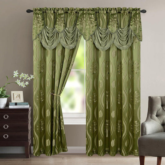 Luxury Home Textile Aurora Tree Leaf Jacquard Window Panel with Attached Valance, Premium Quality, Beautiful Tree Leaf Design, Vibrant Colors, 100% Polyester, 54x84 Inches Per Panel, 2-Pack (Sage)