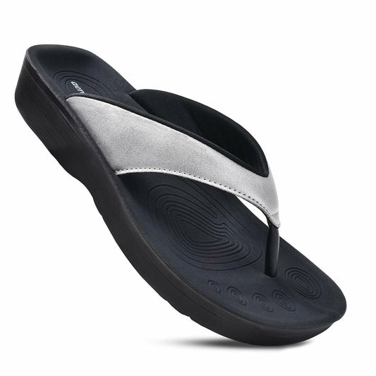 AEROTHOTIC Slip On Recovery Footwear Plantar Fasciitis Flip Flops for Women Yoga Mat Outdoor Walking Beach Ladies Arch Support Summer Thong Dressy Casual Sandals (Pearly Silver, Size 9)