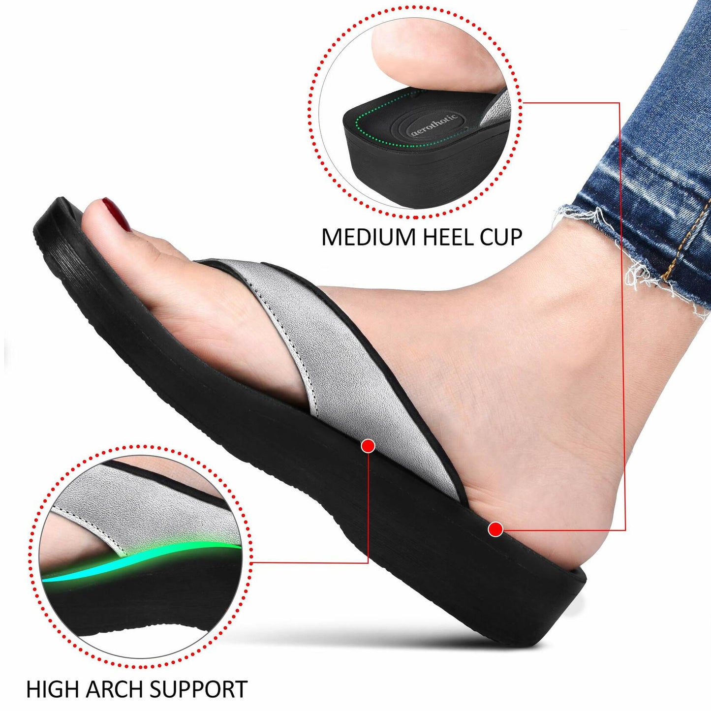 AEROTHOTIC Slip On Recovery Footwear Plantar Fasciitis Flip Flops for Women Yoga Mat Outdoor Walking Beach Ladies Arch Support Summer Thong Dressy Casual Sandals (Pearly Silver, Size 9)