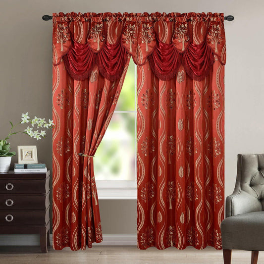 Luxury Home Textile Aurora Tree Leaf Jacquard Window Panel with Attached Valance, Premium Quality, Beautiful Tree Leaf Design, Vibrant Colors, 100% Polyester, 54x84 Inches Per Panel, 2-Pack (Burgundy)