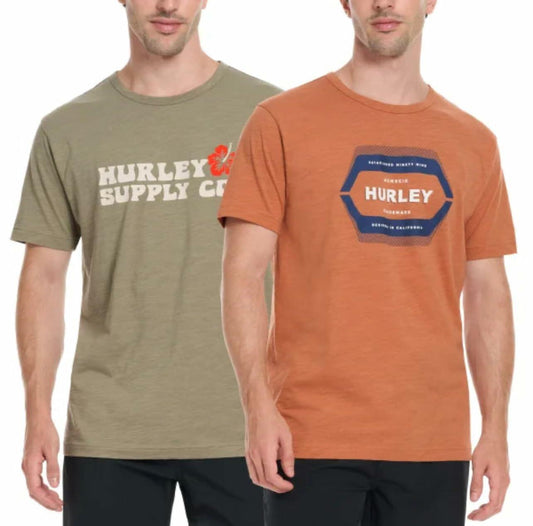 Hurley Men's 2 Pack Short Sleeve Graphic Tee Shirts (US, Alpha, Medium, Regular, Regular, Orange/Green)