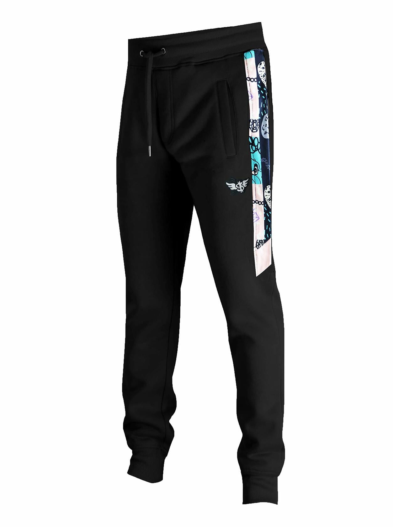 SCREENSHOT-P11060 Mens Hip Hop Premium Slim Fit Urbanwear Fleece Pants - Geometric Pattern Side Stripe Street Fashion Sweatpants-Black-Small