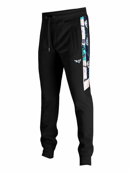 SCREENSHOT-P11060 Mens Hip Hop Premium Slim Fit Urbanwear Fleece Pants - Geometric Pattern Side Stripe Street Fashion Sweatpants-Black-Small