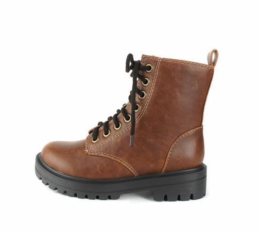Soda FIRM - Lug Sole Combat Ankle Bootie Lace up w/Side Zipper (Whiskey, numeric_8_point_5)