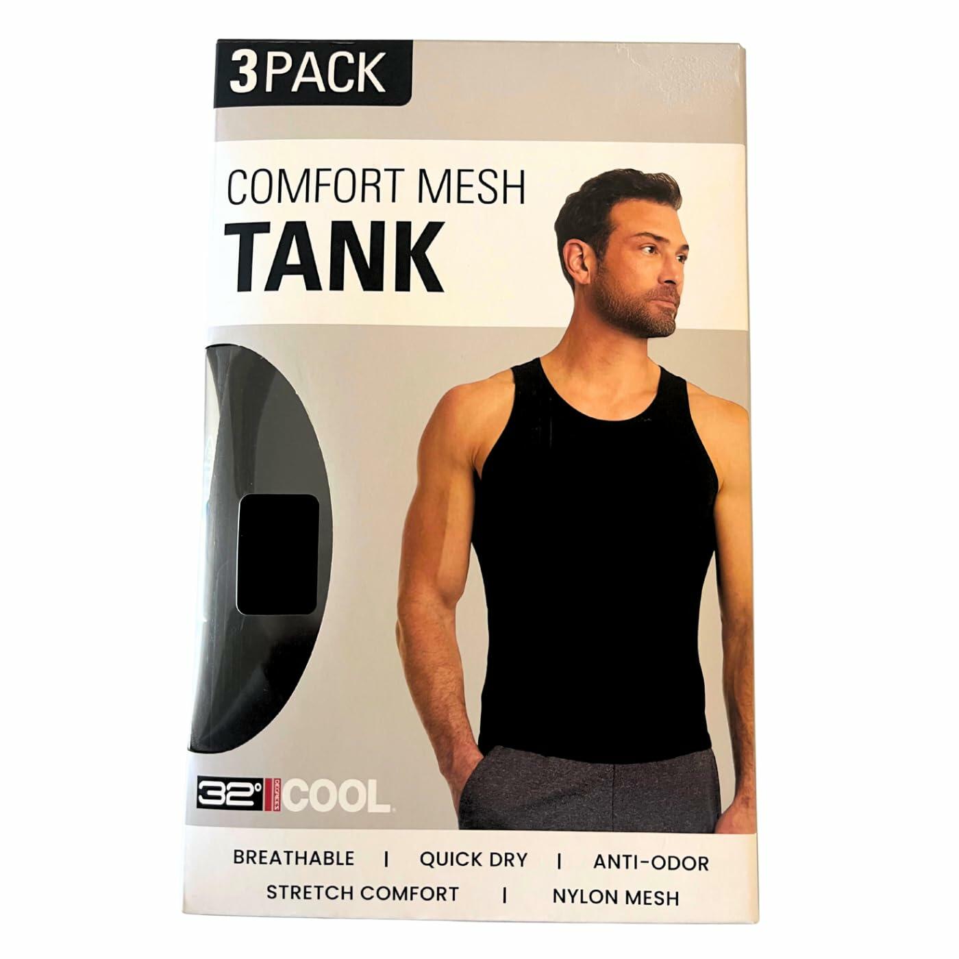 32 Degrees Comfort Mesh Tank Top, 3 Pack, Medium Black