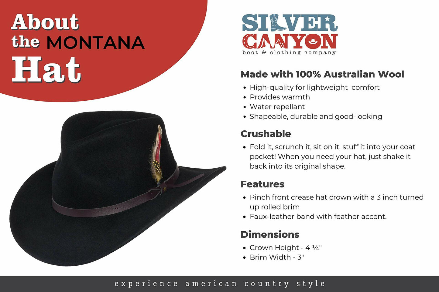 Montana Crushable Wool Felt Western Style Cowboy Hat by Silver Canyon, Olive