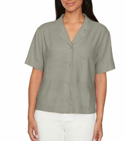 Buffalo David Bitton Women's Linen Blend Short Sleeve Utility Button Front Shirt (US, Alpha, X-Large, Regular, Regular, Light Olive (Green))