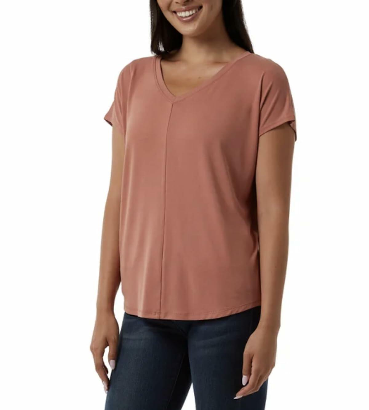 32 Degrees Cool Women's Soft Luxe Short Sleeve V-Neck Top (US, Alpha, XX-Large, Regular, Regular, Cedarwood (Red))