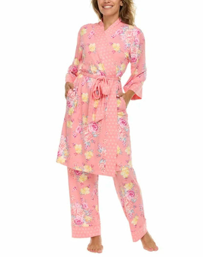 Flora Nikrooz FN Women's Super Soft 3 Piece Pajama Sleep Set, Robe, Tank, and Pant (US, Alpha, XX-Large, Regular, Regular, Pink Floral)