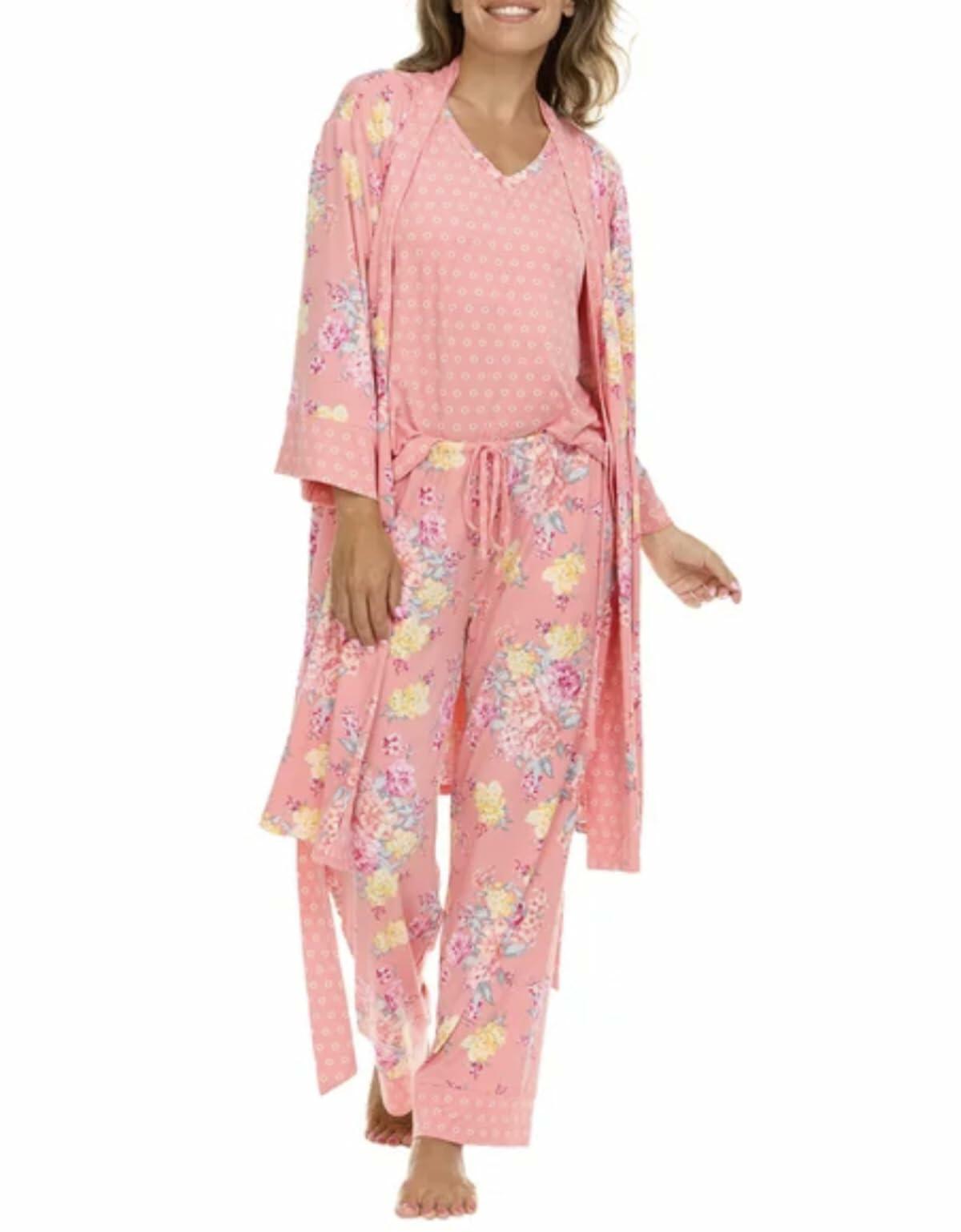 Flora Nikrooz FN Women's Super Soft 3 Piece Pajama Sleep Set, Robe, Tank, and Pant (US, Alpha, XX-Large, Regular, Regular, Pink Floral)