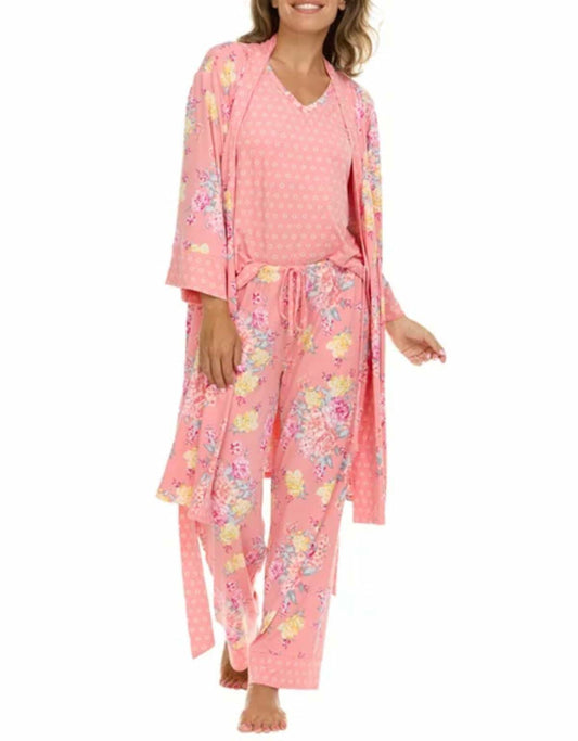 Flora Nikrooz FN Women's Super Soft 3 Piece Pajama Sleep Set, Robe, Tank, and Pant (US, Alpha, XX-Large, Regular, Regular, Pink Floral)