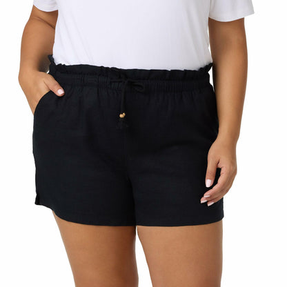 HANG TEN Women's Linen Blend Summer Shorts - Lightweight Casual Elastic Waist Shorts with Pockets - Relaxed Fit (Black, XXL)