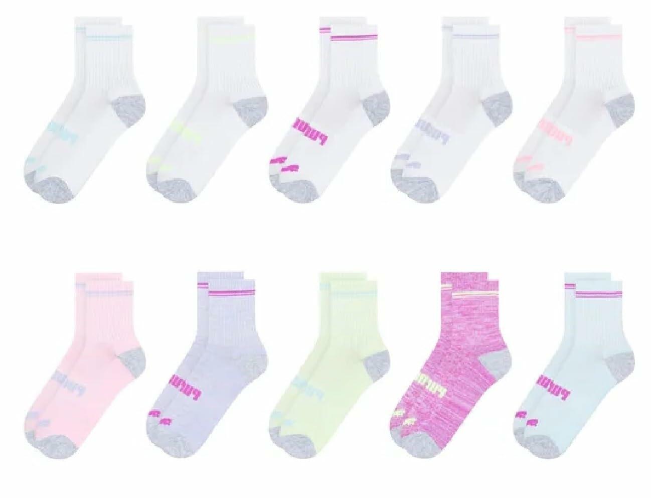 PUMA Girls Low Crew Socks, 10 pairs, Youth Size 4-9.5