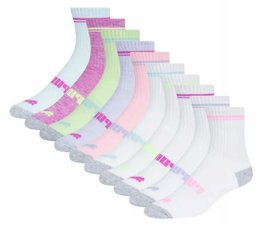 PUMA Girls Low Crew Socks, 10 pairs, Youth Size 4-9.5