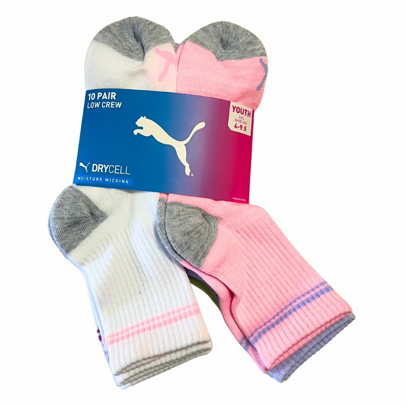 PUMA Girls Low Crew Socks, 10 pairs, Youth Size 4-9.5