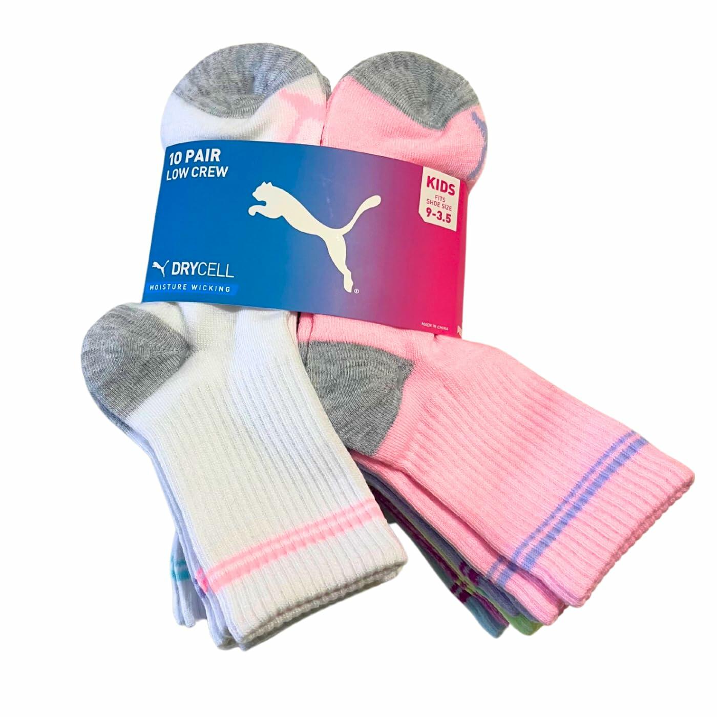 PUMA Girls Low Crew Socks, 10 pairs, Kids Size 9-3.5