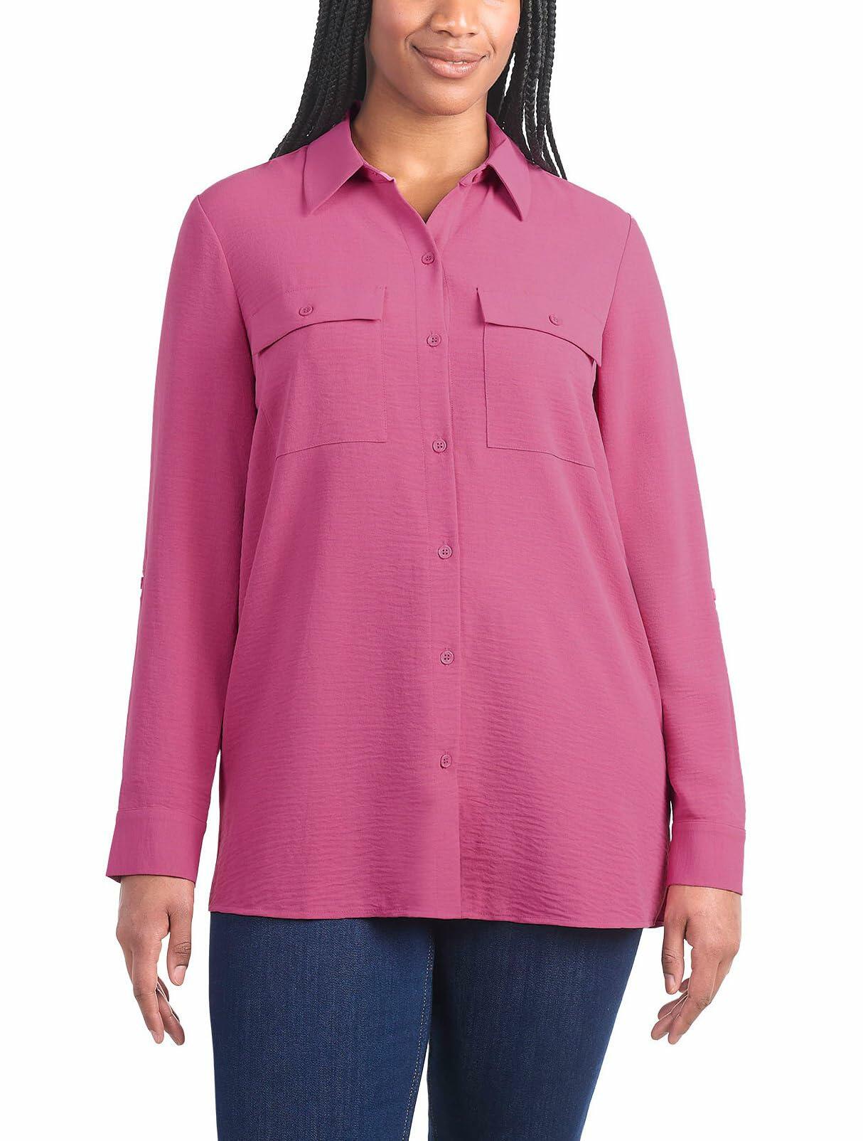 Hilary Radley Women's Roll Tab Sleeve Blouse, Button Down, Long Sleeve, Crinkle Top with Chest Pockets (US, Alpha, Small, Regular, Regular, Dark Pink)