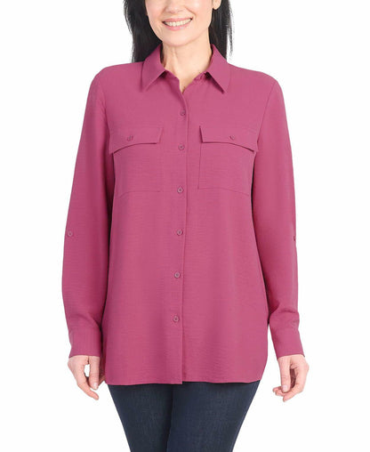 Hilary Radley Women's Roll Tab Sleeve Blouse, Button Down, Long Sleeve, Crinkle Top with Chest Pockets (US, Alpha, Small, Regular, Regular, Dark Pink)