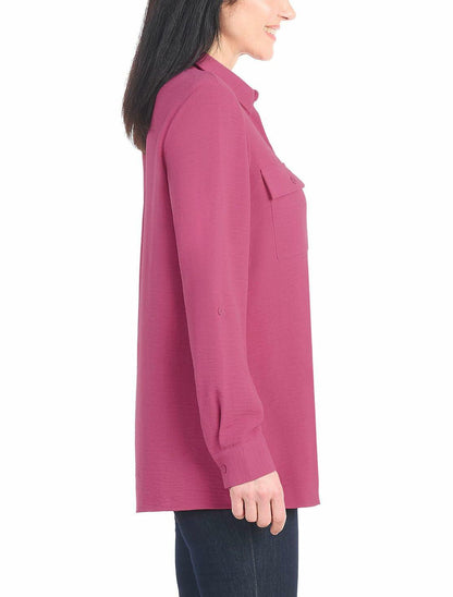Hilary Radley Women's Roll Tab Sleeve Blouse, Button Down, Long Sleeve, Crinkle Top with Chest Pockets (US, Alpha, Small, Regular, Regular, Dark Pink)