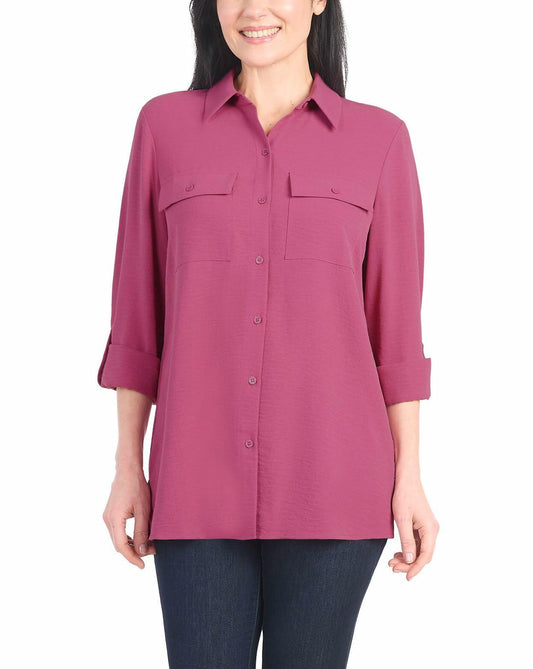 Hilary Radley Women's Roll Tab Sleeve Blouse, Button Down, Long Sleeve, Crinkle Top with Chest Pockets (Dark Pink, XX-Large)