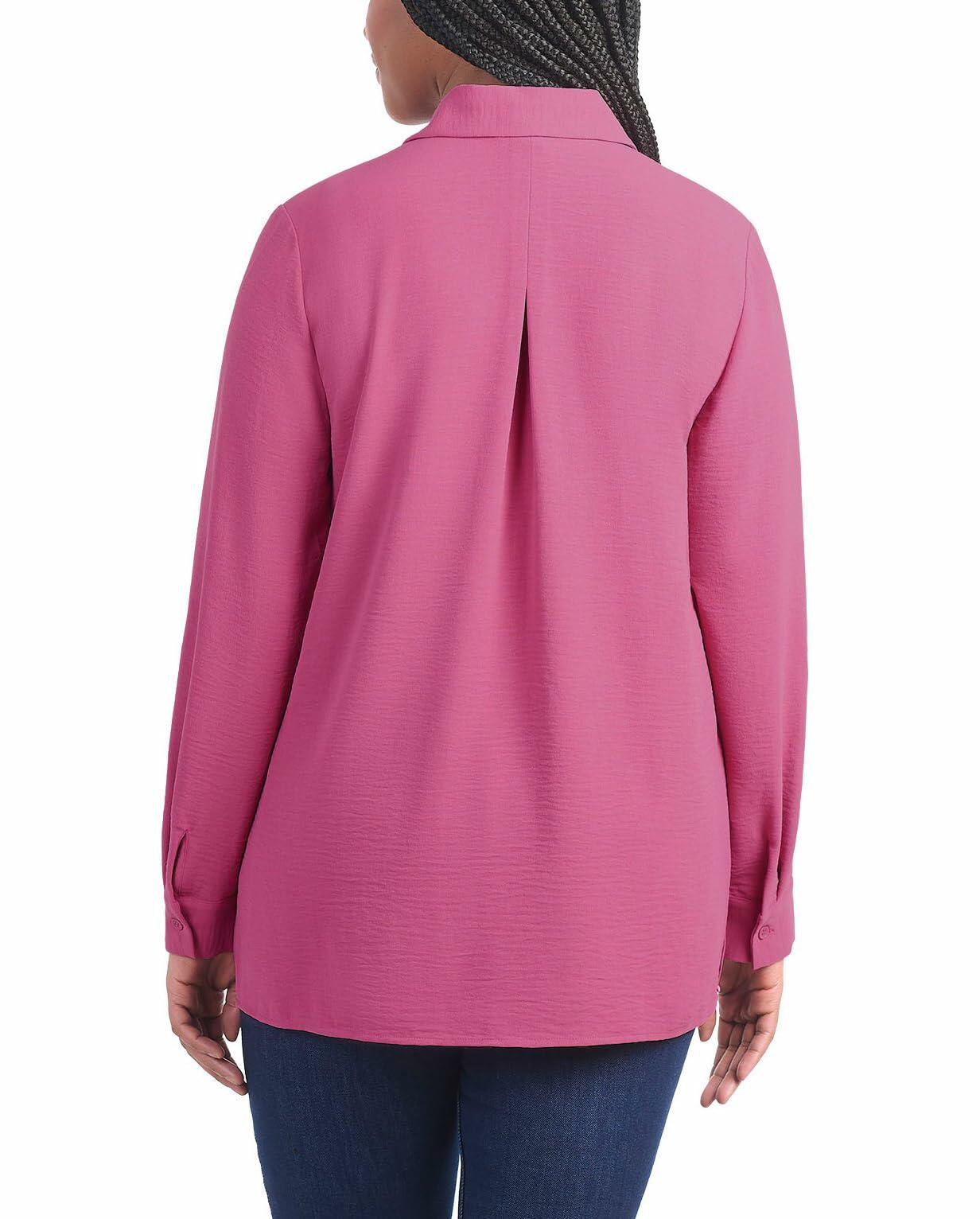 Hilary Radley Women's Roll Tab Sleeve Blouse, Button Down, Long Sleeve, Crinkle Top with Chest Pockets (Dark Pink, XX-Large)
