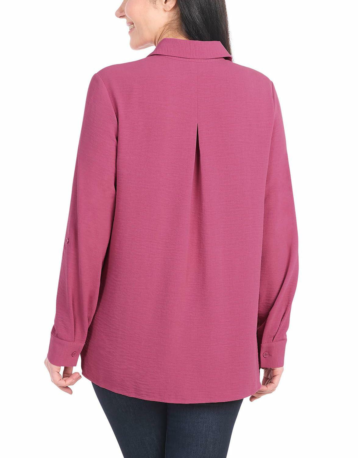 Hilary Radley Women's Roll Tab Sleeve Blouse, Button Down, Long Sleeve, Crinkle Top with Chest Pockets (US, Alpha, Small, Regular, Regular, Dark Pink)