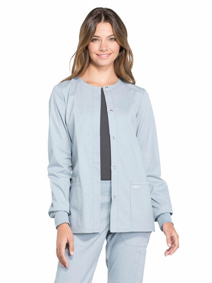 Cherokee Scrub for Women Snap Front Jacket with 3 Pockets, Fade Resistant, 2-Way Stretch, Soft & Durable Fabric - WW340, M, Grey
